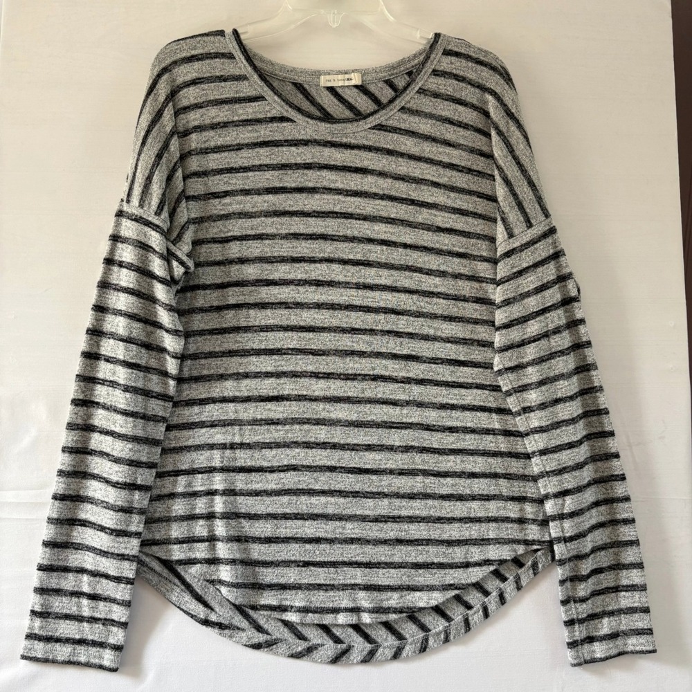 Rag & Bone JEAN Womens Grey Black Striped Long Sleeve Top Curved Hem Size L